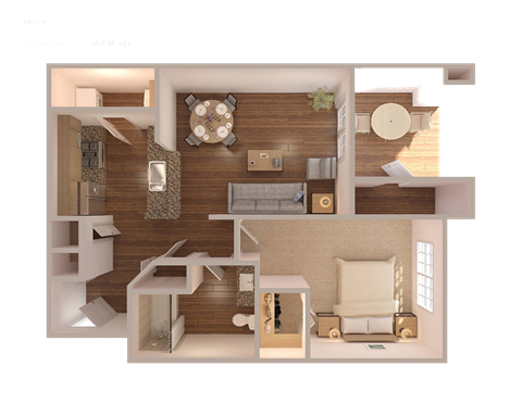 Floor plan for 1 bed, 1 bath, 696 sqft